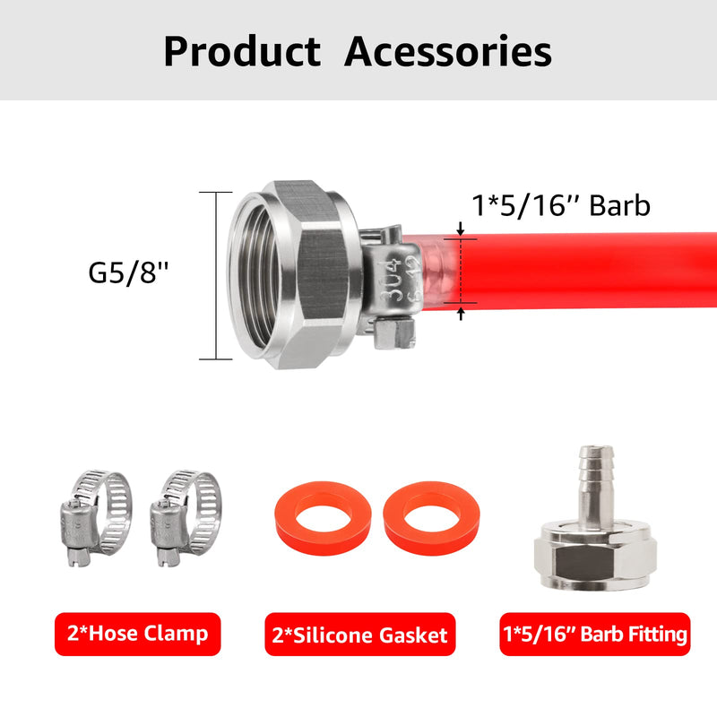 10ft Beer CO2 Gas Line Tubing for Kegerator ID 5/16" Keg Gas Line Red PVC CO2 Gas Hose with OD 5/16" Barb Fittting for Draft Beer Home Brewing 10ft Gas Line with Barb Fitting