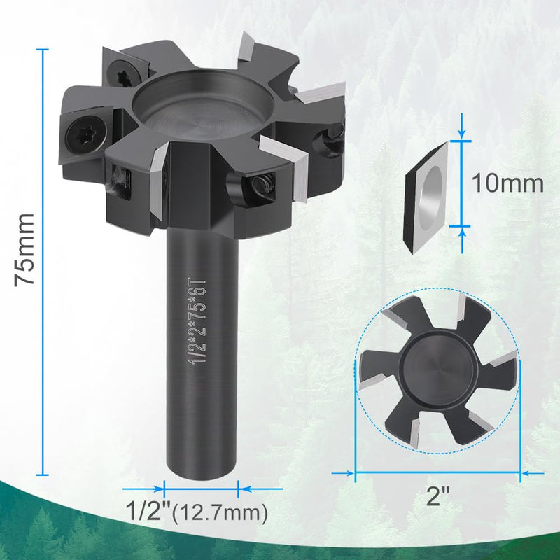 CNC Spoilboard Surfacing Router Bit 1/2'' Shank, Slab Flattening Router Bit with 2" Cutting Diameter, Planing Bit for Woodworking with 6 Carbide Inserts