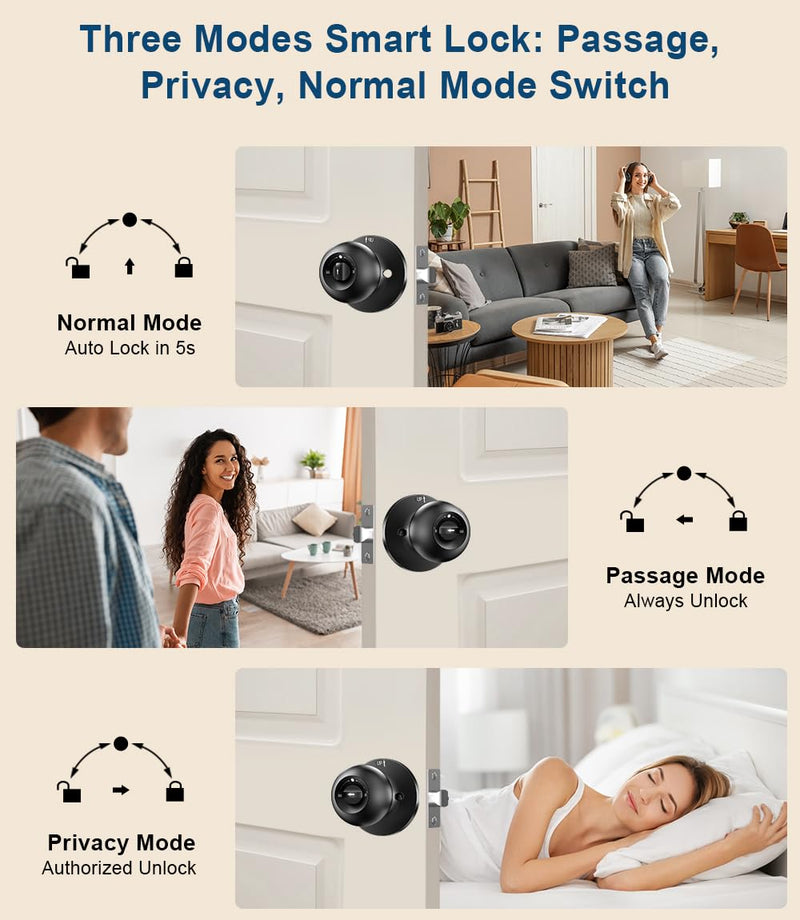 Fingerprint Door Lock, Smart Fingerprint Door Knob with Keypad, Biometric Door knobs with App Control, Auto Lock Door Lock with Code, Keyless Door Knob with Locks for Bedroom, Home,Office-Matte Black Matte Black