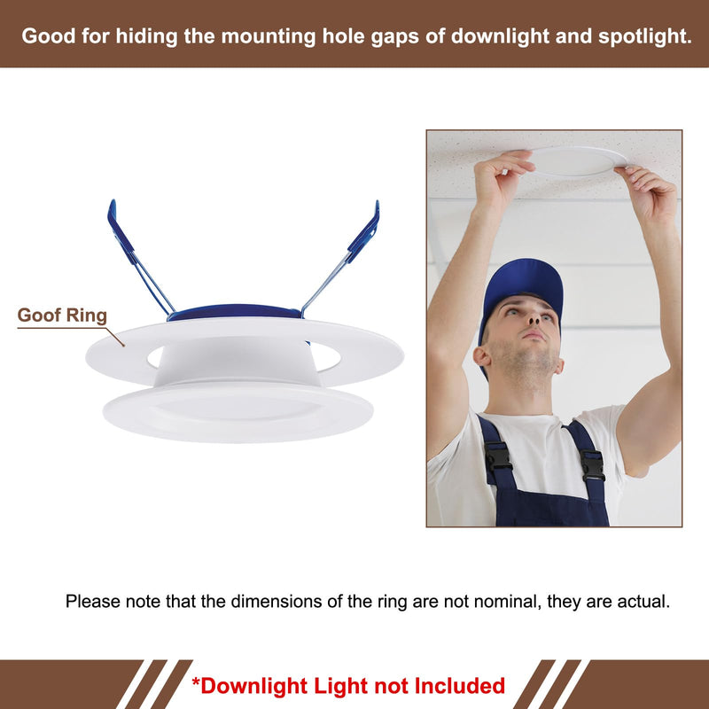 White Goof Trim Ring for 6 Inch Recessed Cans Downlights for Ceiling Light Fixtures, 4 Pack 6.3-Inch Inner Diameter, 8.6-Inch Outer Diameter, Steel Construction Fit 6 Inch White