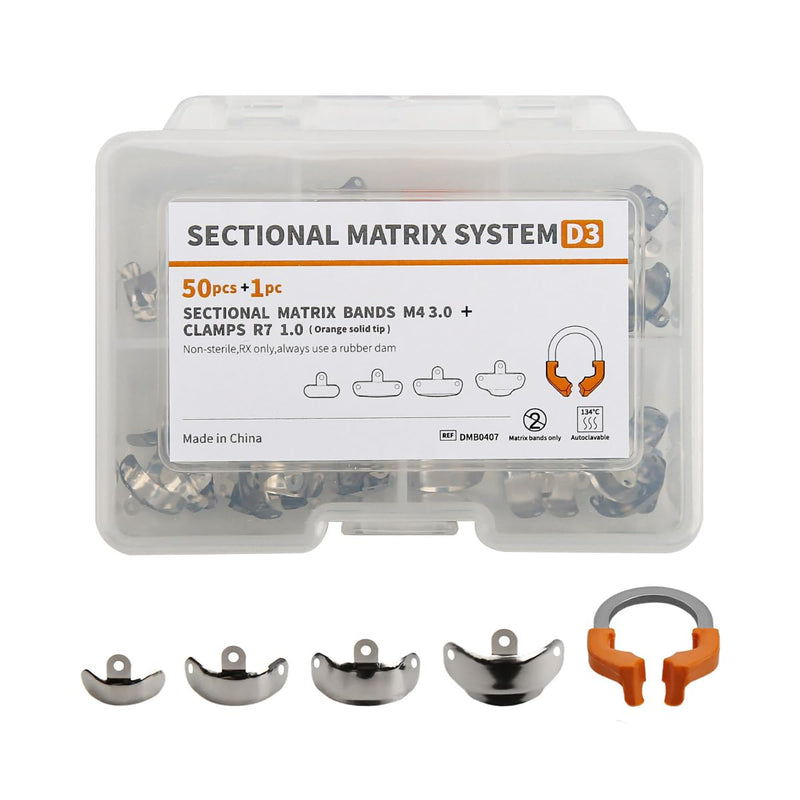 D3 Dental Sectional Matrix System Set M4 3.0 | Tooth Interproximal Sectional Contoured Metal Matrices Band R7 1.0,Metal Matrices Clamp Ring（50Pcs+1Pcs） D3