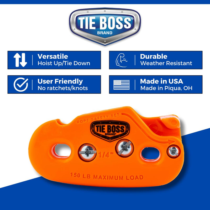 Tie Boss - 1/4 Inch, Medium Duty, (150 lbs Working Load Limit), Weather Resistant, Tie Down, Rope Tightening System, (w/15 ft Rope) (Pack of 1) (Orange) orange