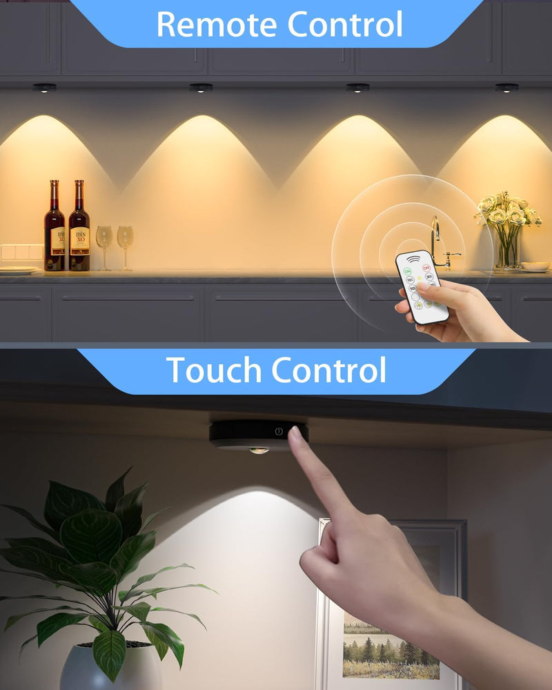 WILLED Puck Lights with Remote Control, Rechargeable Under Cabinet Lights, 1200mAh Battery Operated Tap Lights, Dimmable Push Lights, Wireless Closet Lights, LED USB Stick On Lights (6 Pack) Warm White - Cool White