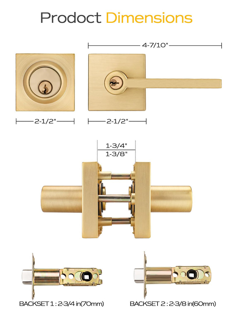 EHOMEWARE 1 Set Entry Door Handle and Single Cylinder Deadbolt Lock and Key Combo Pack - Heavy Duty Square Locking Lever Set - Interior/Exterior Door Levers in Satin Brass Finish Entry Door Lock with Single Deadbolt Cylinder