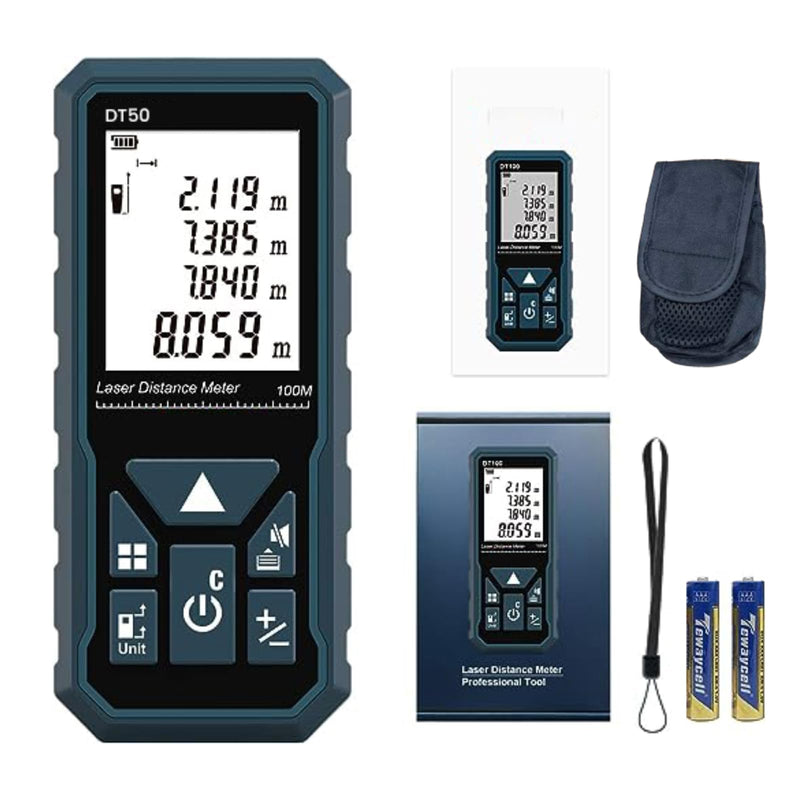 Laser Measure 165ft 330ft DT50 DT100 Gen-2 Laser Distance Meter 50M Portable Handle Digital Measure Tool Range Finder Larger Backlit LCD 4 Line Display IP54 Shockproof DT50 GEN-2