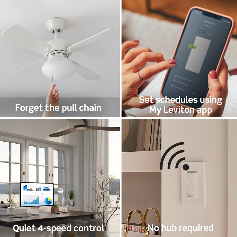 Leviton Decora Smart Fan Speed Controller, Wi-Fi 2nd Gen, Neutral Wire Required, Works with My Leviton, Alexa, Google Assistant, Apple Home/Siri & Wired or Wire-Free 3-Way, D24SF-1RW, White - NewNest Australia