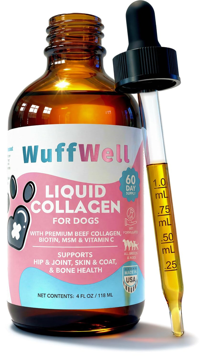 WuffWell Liquid Collagen for Dogs - Premium Dog Collagen Drops for Healthy Joints - Made in USA - Supports Skin & Coat Health - Easy to Administer for Dogs of All Breeds