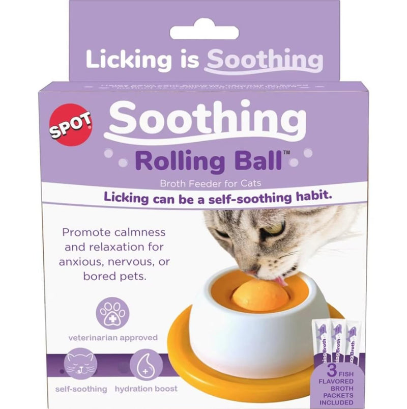 SPOT Soothing Rolling Ball Broth Feeder for Cats – Lickable Self-Soothing Toy for Anxious or Bored Cats, Promotes Calmness & Hydration, Includes Feeder + 3 Broth Tubes
