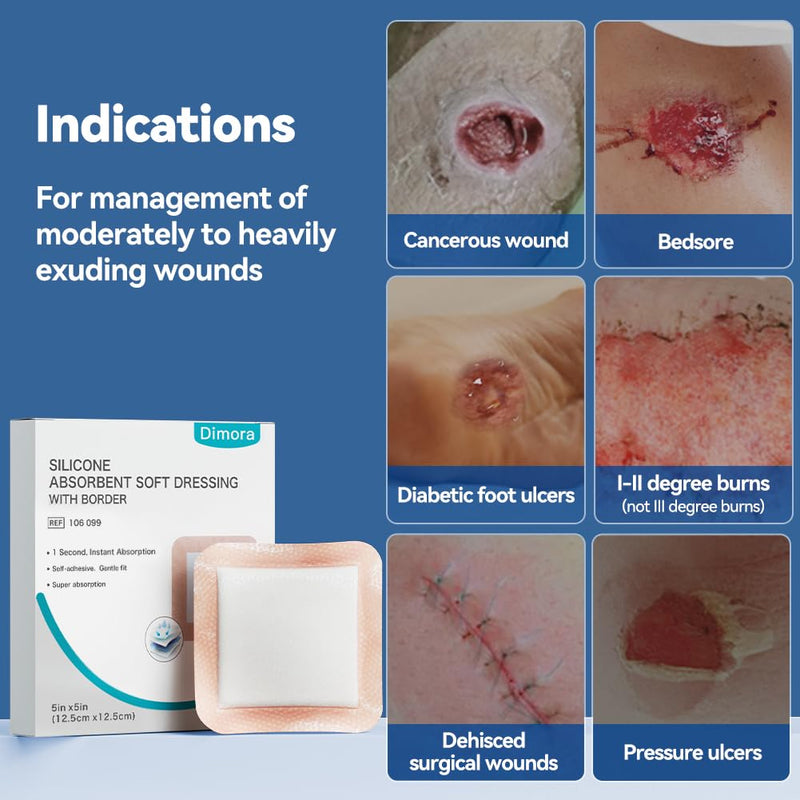 Dimora Silicone Super Absorbent Wound Dressings - Gentle Adhesive Bandages with Ultrasorb Polymer,Heavy Exudate Wound Care Pads 5"X 5" 10 Packs 5"x 5"