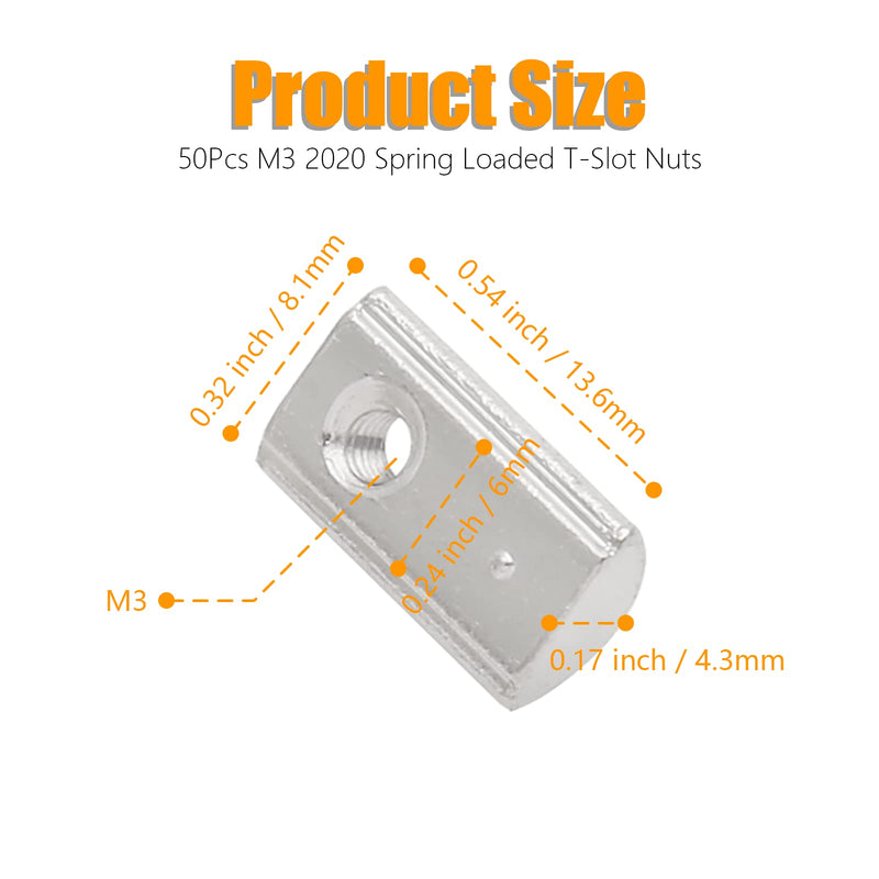 50Pcs M3 Spring T Nut 2020 Aluminum Extrusion T Nuts, Roll-in T Spring Nuts, M3 Half Round T Nut Tee Slot Nuts for 3D Printer, CNC Router, 2020 Series Aluminum Extrusion Profile with Slot 6mm 50 Pack 2020 Series M3