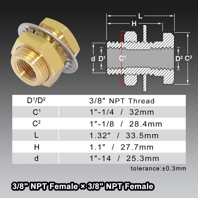 2pcs Brass Pipe Fitting 3/8" NPT Female x 3/8" NPT Female 1.3" Length Outer Diameter 1"-14 Bulkhead Coupling Bulkhead Tank Fitting Frame Hose Connector Fit min 25mm Hole