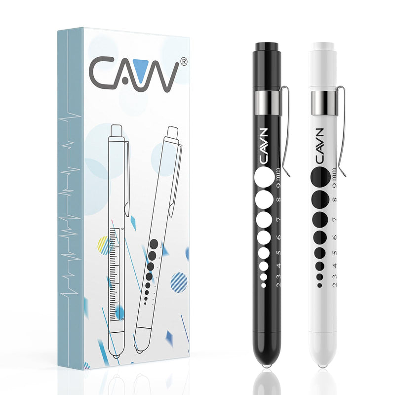 CAVN Pen Light with Pupil Gauge LED Penlight for Nurses Doctors, 2 Pcs Reusable Medical Penlight for Nursing Students (Black/White) Black and White
