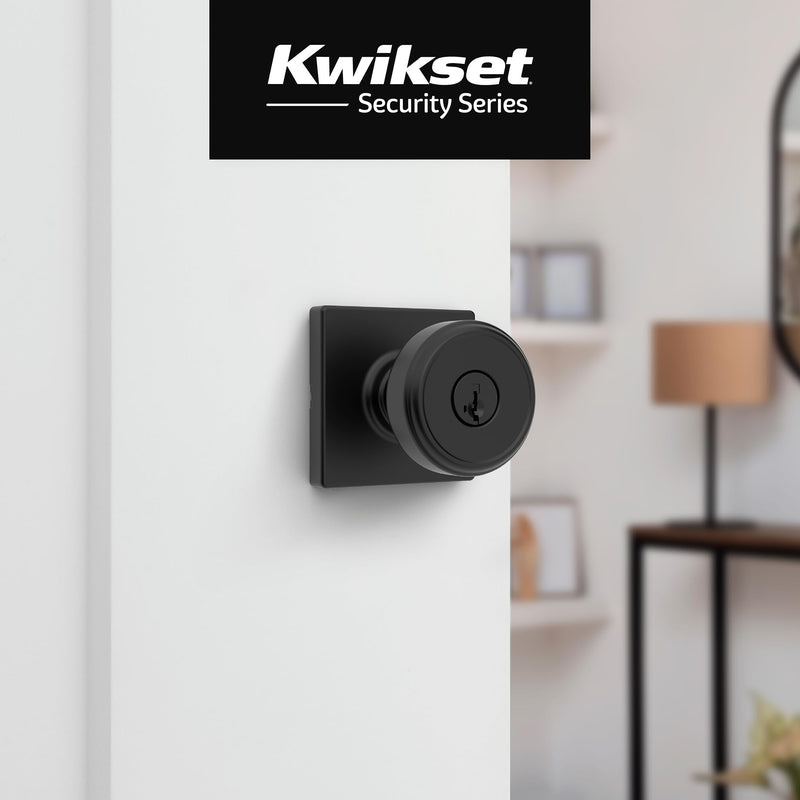 Kwikset Maven Entry Door Knob with Lock and Key, Secure Keyed Handle Exterior, Square Front Entrance and Bedroom, Matte Black, Pick Resistant SmartKey Rekey Security and Microban 1 Pack Keyed Entry