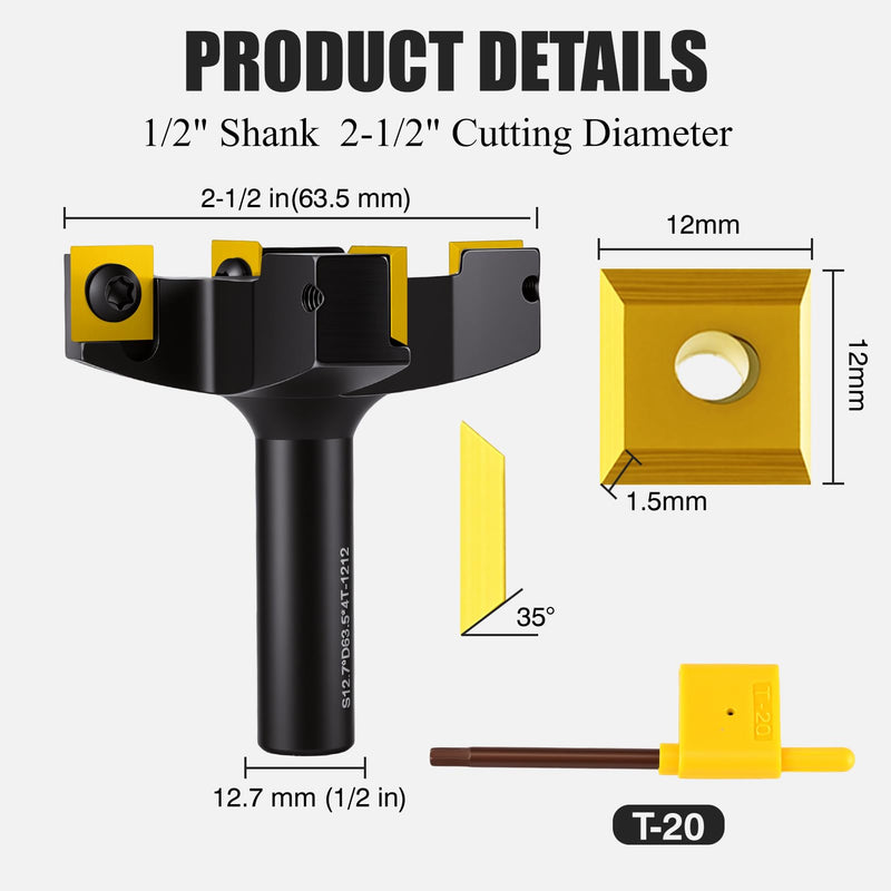 CNC Spoilboard Surfacing Router Bit,4 Wings 1/2" Shank 2-1/2" Cutting Diameter,10 PCS Carbide Insert, Woodworking Tools for Hardwood & Softwood Surfacing Flattening Planing Bit S12.7*D63.5*4T
