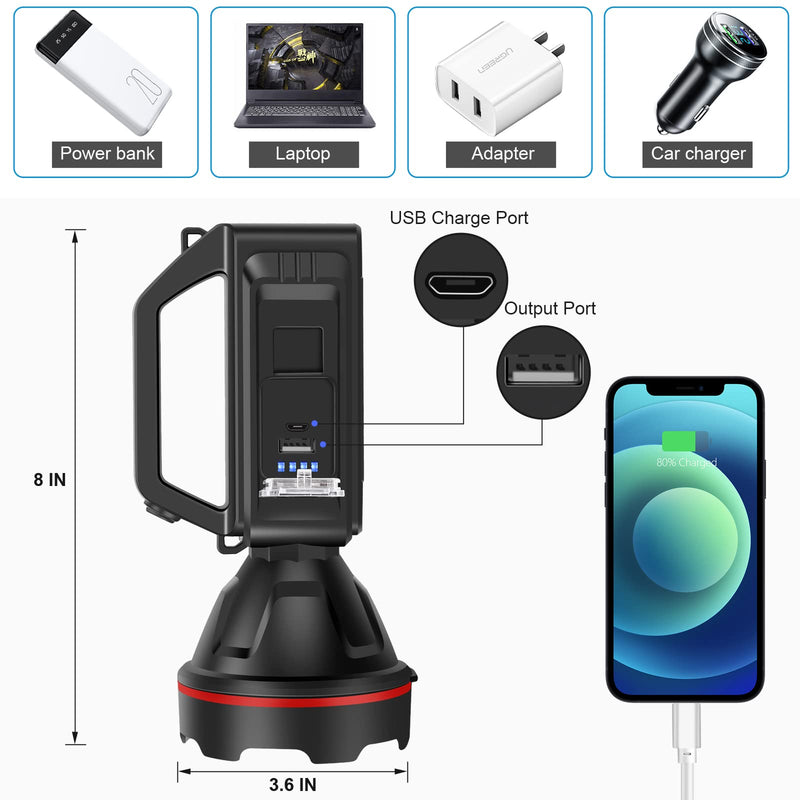 Rechargeable Spotlight Flashlight, High Lumens Handheld Spotlight,LED Searchlight with Shoulder Strap and USB Output for During Hurricane,Emergency, Storms,Hunting , Hiking, Camping(Black Pack of 2) Black2