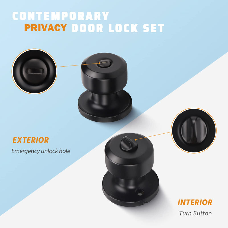 KNOBWELL 4 Pack Privacy Door Knob with Lock, Bedroom/Bathroom Door Knob, Matte Black Interior Door Knobs, Keyless Stainless Steel Door Handle, Black Round Doorknobs