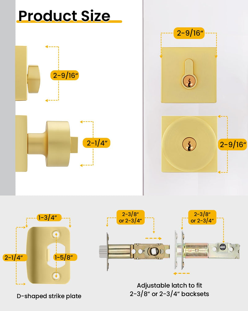 Goldenwarm Gold Exterior Door Knob with Deadbolt, Heavy Duty Front Door Knob and Deadbolt Set, Keyed Alike Brushed Gold Exterior Door Lock Set - Single Cylinder, Zinc-Alloy 1 Pack