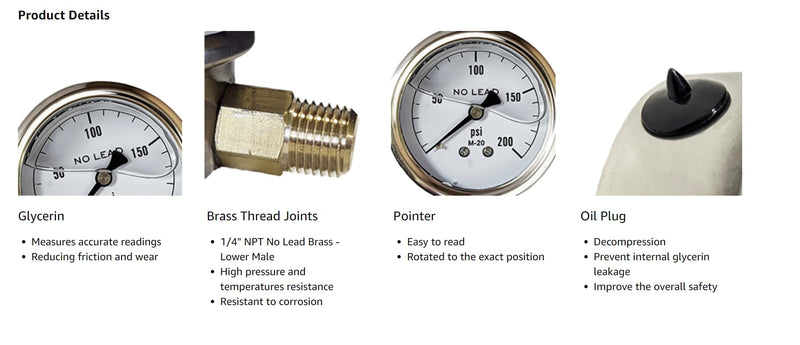Merrill MFG 2-1/2" Liquid Filled Pressure Gauge, 0–100 PSI/kPa, Stainless Steel Case, 1/4" NPT Lower Mount, No-Lead, Vibration-Resistant (100 PSI Range) 100 PSI