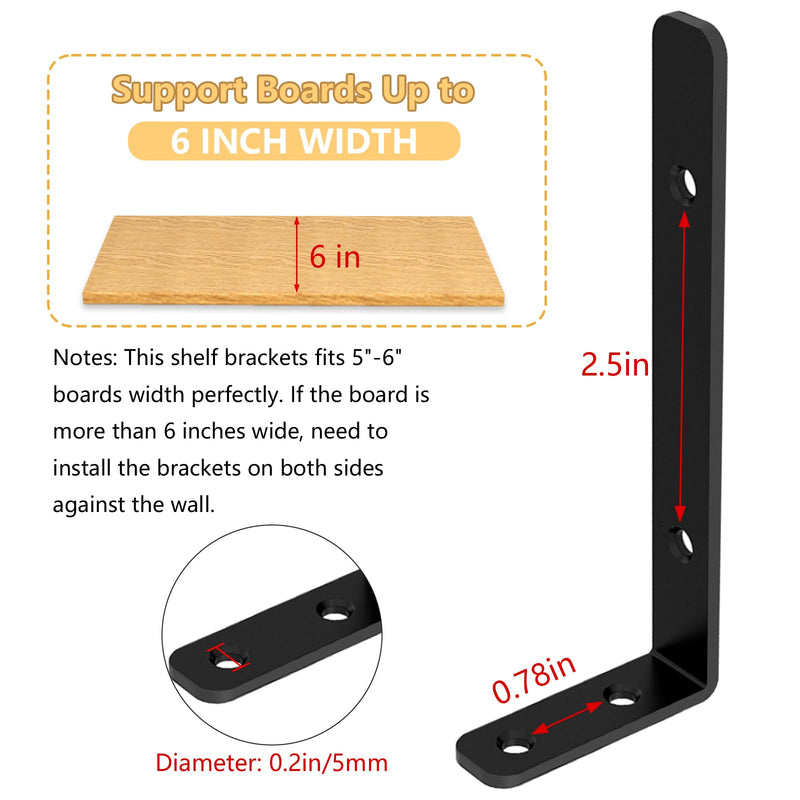 LSK 6PCS L Bracket, Heavy Duty Metal Corner Bracket, 5"×2"(125×50mm) Shelf Support Bracket Max Load : 42lb, Joint Angle Bracket for Wooden Board, Black 5 Inch