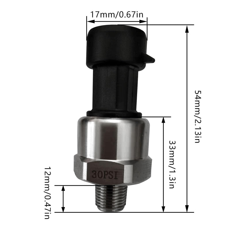 Pressure Transducer Sender Sensor with Connector, Stainless Steel 1/8”-27 NPT Pressure Transducer Sensor Compatible for Oil Fuel Air Water (30 PSI) 30 PSI