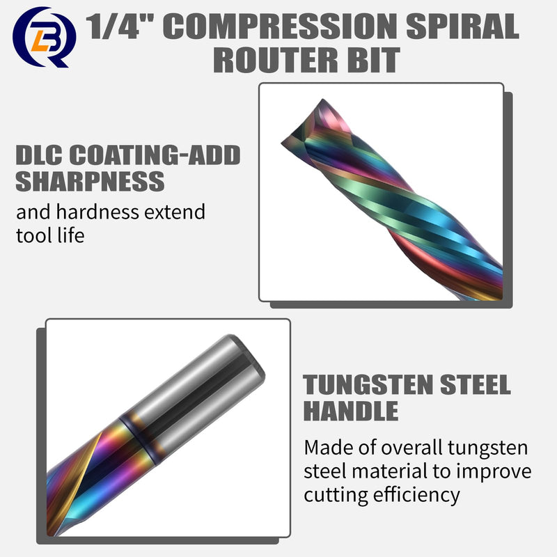 2PCS Solid Carbide Spiral Compression Router Bit 1/4" Cutting Diameter, 1" Cutting Length Up/Down Cut CNC DLC Coated End Mill for Wood Carving, Engraving, Grooving 6.35*25*50 2