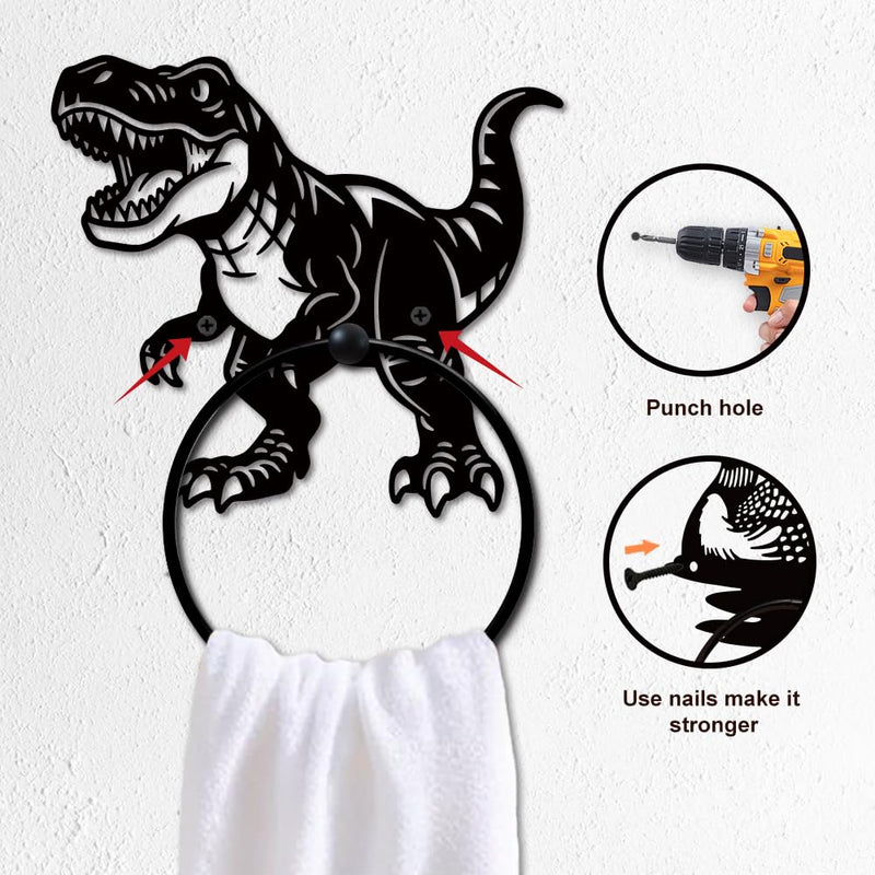 MAYJOYDIY Roar Dinosaur Metal Towel Ring Tyrannosaurus Rex Towel Holder Jurassic Animals Bath Towel Ring Black Art Towel Rack for Bathroom Kitchen Towel Hanger Home Decors Gift