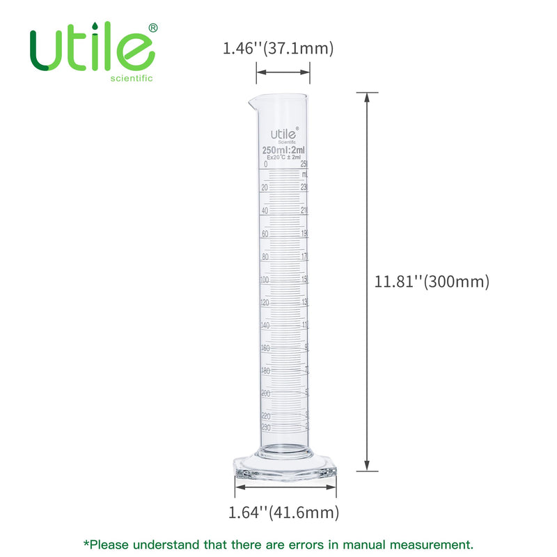 Utile 2 PCS Glass Graduated Cylinder Set 250ml, 3.3 Borosilicate Glass Cylinder with Glass hex Base,Lab Cylinders Glass Measuring Cylinder, 4202.0250.2 2pcs of 250ml