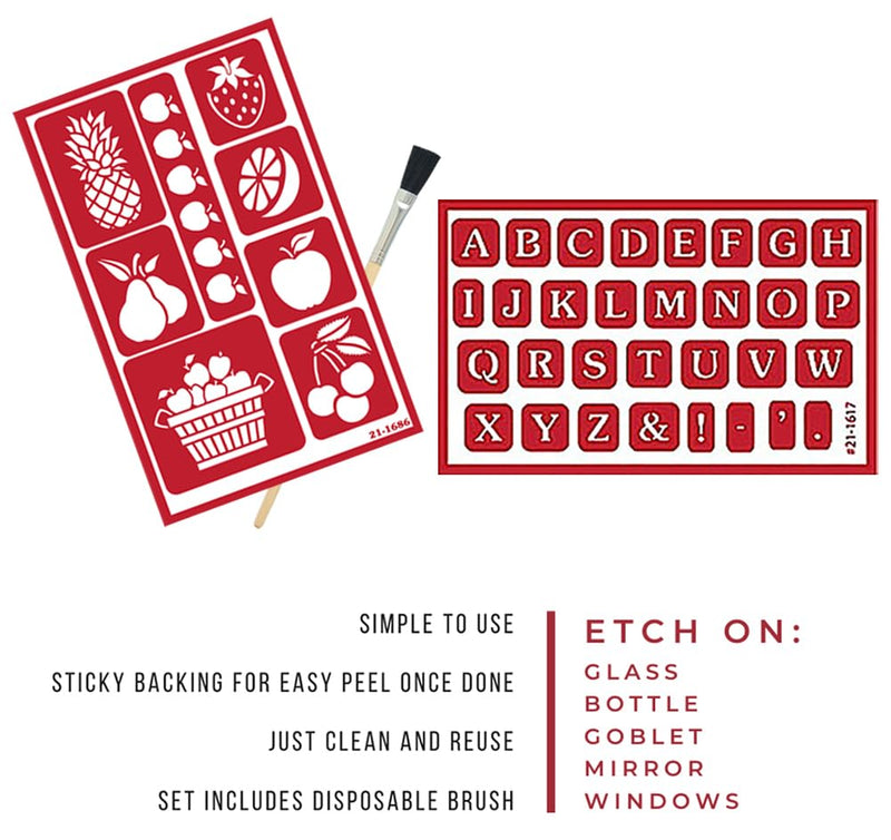 2 Reusable Glass Etching Stencils - Fruit and Alphabet Stencil - Letters and Food Theme Design Self Stick Etch Template - Set with Brush