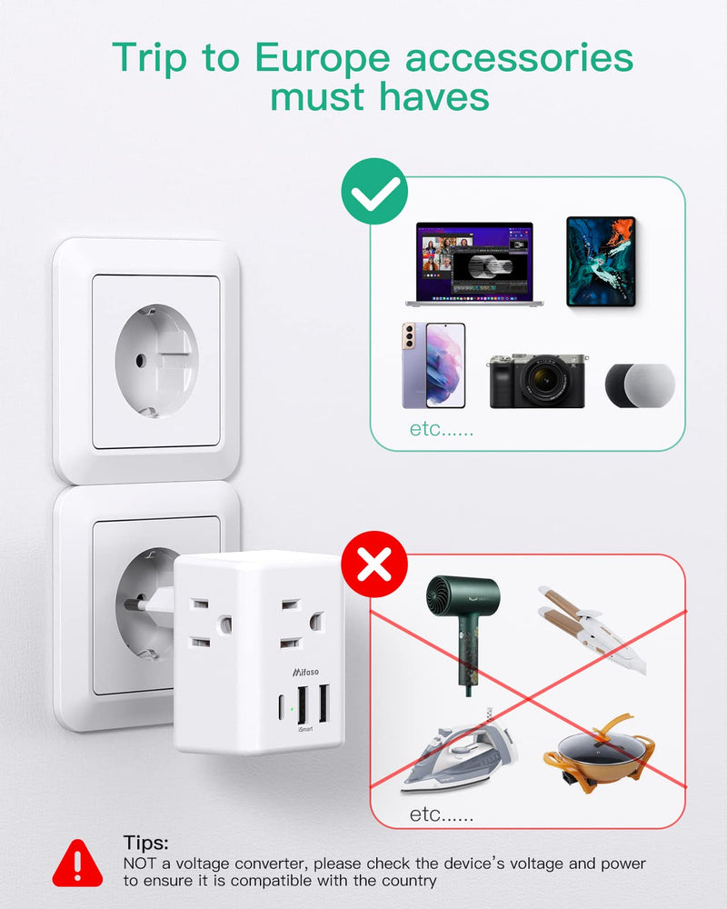 European Travel Plug Adapter with USB Charging Ports(1 USB C), International Type C Power Adapter for US to Most of Europe EU Italy France Spain Germany Greece Type C Most of Europe - 1 PACK