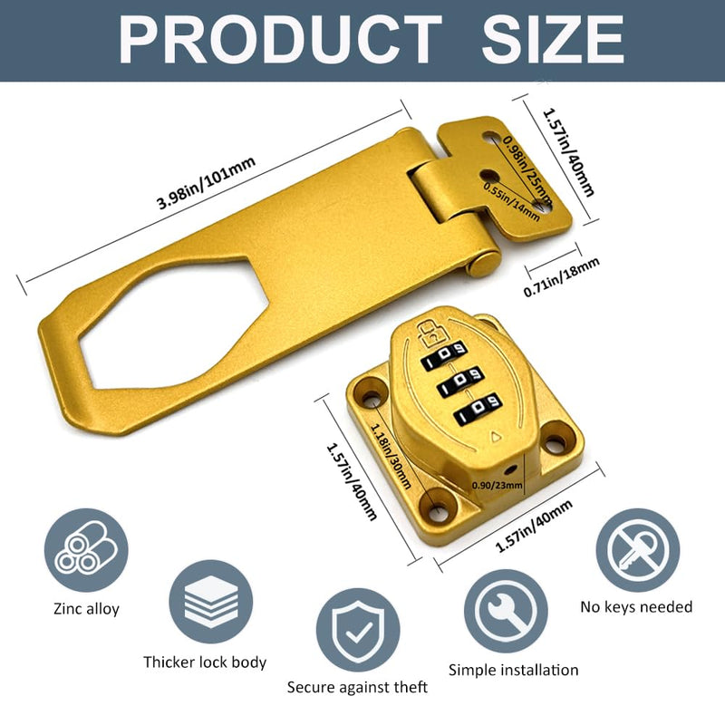 2Pcs Cabinet Password Rotary Hasp Locks,4 Inch Keyless Combination Lock for Cabinets,Gates,Doors,Closets and More (Gold) Gold