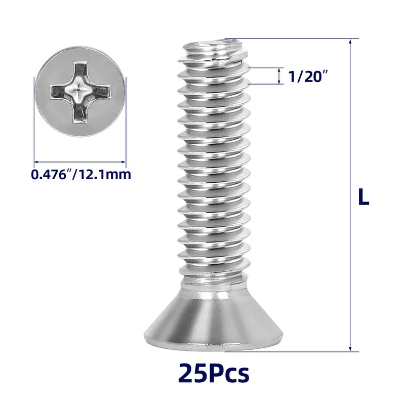 1/4"-20 x 2" Countersunk Flat Head Machine Screw Bolts, Full Thread, 304 Stainless Steel, 25 PCS 1/4"-20 x 2"