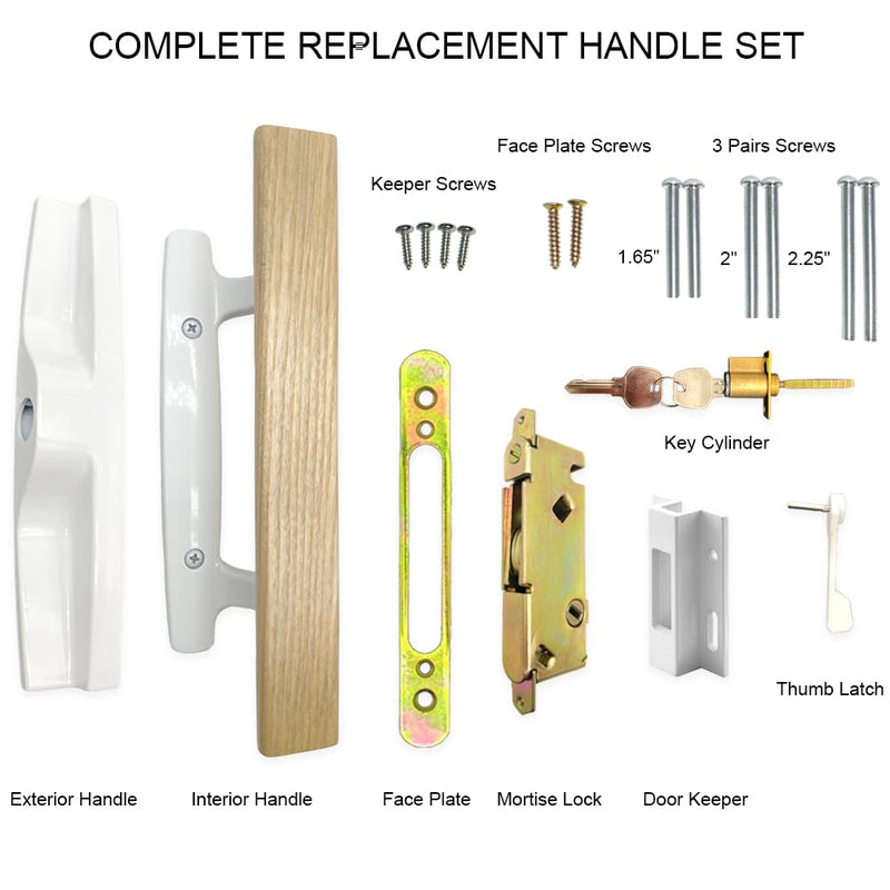 Patio Sliding Patio Door Handle Set with Mortise Lock, Key Cylinder and Keeper, Wood Handle Lock Set Fits Door Thickness from 1-1/2" to 1-3/4", 3-15/16" Screw Hole Spacing, Keyed, White with Key + with Keeper