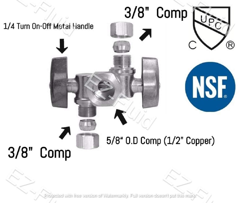 EZ-Fluid 5/8" Comp O.D X 3/8" Comp X 3/8" Comp 1/4 Turn Double Metal Two Handles Chrome Brass Angle Stop Valve Water Shut Off Ball Valve For Water Pipes LF,Faucet Toilet Valve,Dishwasher,Filter(1)