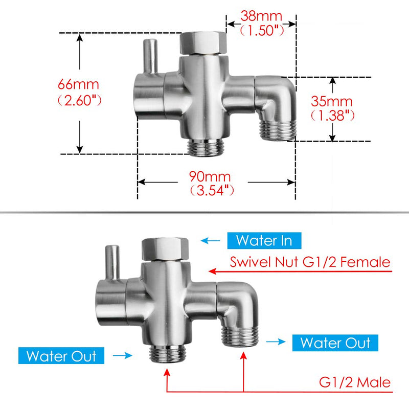 Shower Arm Diverter Valve Brass G1/2 3 Way Universal Bathroom Shower System Component Replacement for Handheld Shower Head and Fixed Spray Head, Brushed Nickel Brushed Nickle