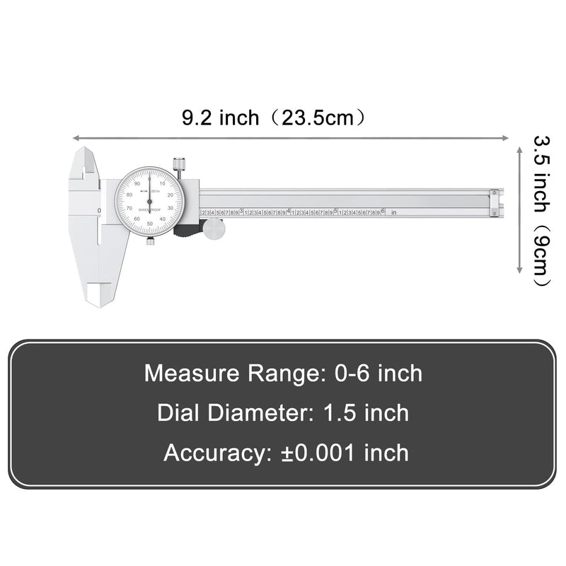 Dial Caliper Shockproof Dial Caliper Precision Caliper with Watch 0-6" Range, 0.001” Resolution 6 Inch with 0.001" Precision Calipers 4-Way Measurement with Plastic Case Dial Caliper 0-6" Range