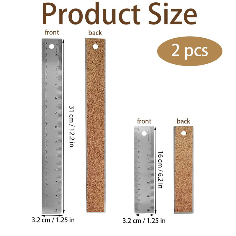 Stainless Steel Cork Back Metal Ruler, 6 Inch 12 Inch Straight Edge Cork Base Rulers, Metal Ruler Cork Backed, Stainless Steel Metal Ruler with Cork Backing, Non-Slip Straight Edge Rulers, 2 Pack