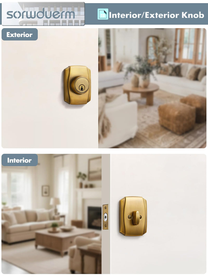 1 Pack Antique Brass Keyed Single Bronze Cylinder Deadbolt Lock Keys Handleset Front Entry Interior Exterior Door Deadbolts Deadbolt-Key