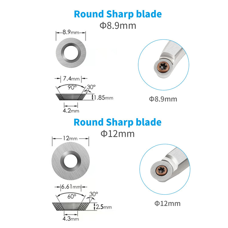 18 Pieces Tungsten Carbide Cutters Inserts Set for Wood Lathe Turning Tools Include 11 mm Square with Radius, 12 mm and 8.9 mm Round, 30 x 10 mm Diamond with Pointed Point,6 Pieces screws.