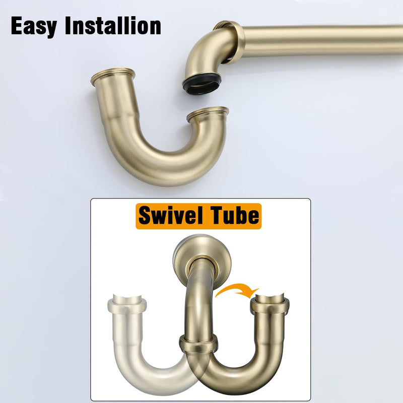 RANDOM Brass P Trap Bathroom Sink U-Shape 1-1/4 inch Sink Trap with Slip Joint Extension Tube,Adjustable Height Sink Waste Drain Bottle P-Trap Kit,Brushed Gold Basin Sink Plumbing.RD83555BG-L Brushed Gold