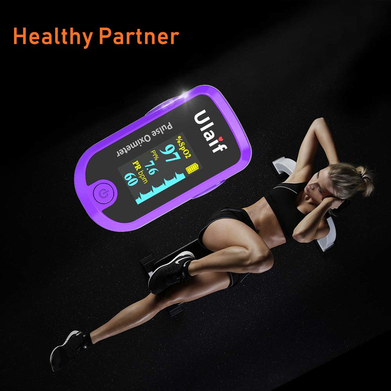 Pulse Oximeter, OLED Display Oxygen Monitor Fingertip, Blood Oxygen Saturation Monitor (SpO2) with Carrying Case, Batteries and Lanyard Purple