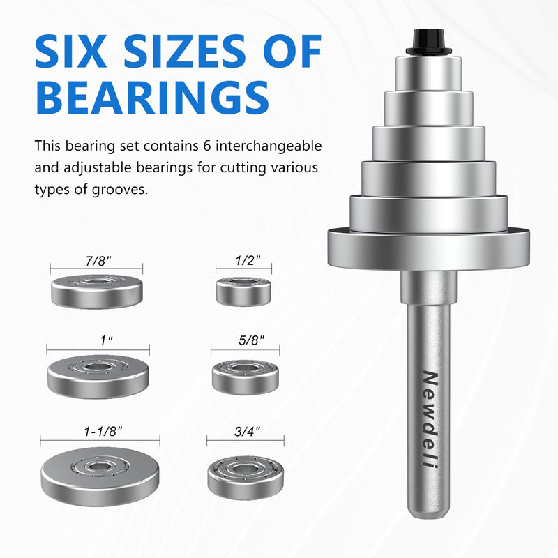 Newdeli Rabbet Router Bit Set 1/4 Inch Shank - 4Pcs Rabbeting Router Bits（1/8",1/4",3/8", 1/2" Height） with 6 Bearings Set (3/8", 1/2", 5/8", 3/4", 7/8", 1-1/8" Bearings) - Wood Biscuit Slot Cutters 4Pcs Rabbet Router Bits-6 Bearings-1/4" Shank