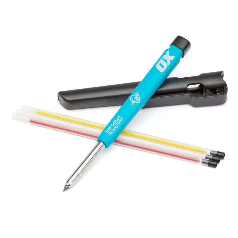 OX Tools Carpenter Pencils Pro Tuff Carbon Marking Pencil Mechanical Construction Pencil With 4 Leads & Pencil Holder & Sharpener Belt Clip Construction Pencil Carpenter Pencil OX-P503210 Pencil – Value Pack