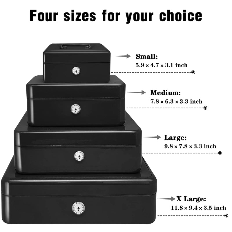 Steel Cash Box with Key Lock, Metal Small Money Organizer with Money Tray,Cash Storage Box with Lockable Cover (Black - 8 inch) Black - 7.8" x 6.3" x 3.3"