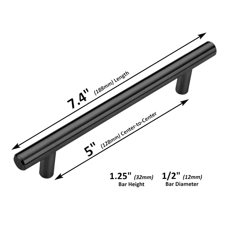 ANGSTROM 10-Pack Round Bar Cabinet Pulls, Euro-Style T-Bar Handle 5" CC, Matte Black (7.4" Length) 7.4" Length (5" CC)
