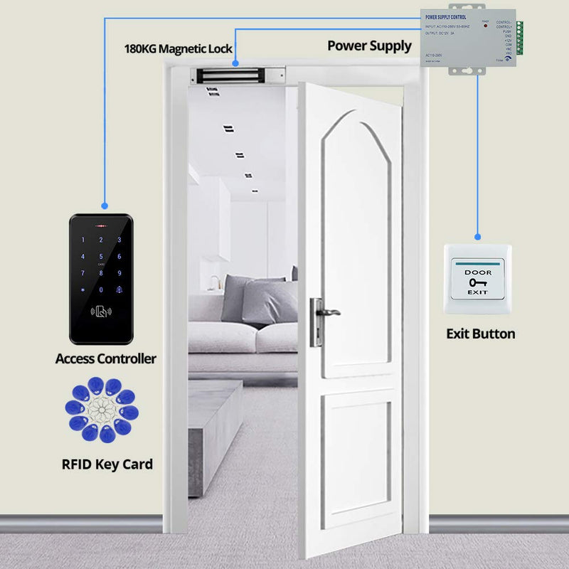 HFeng IP68 Waterproof Outdoor Door Access Control System Kit RFID Access Control Keypad Touch Panel + 180KG/350lbs Electric Magnetic Lock + Power Supply +10pcs Keyfobs