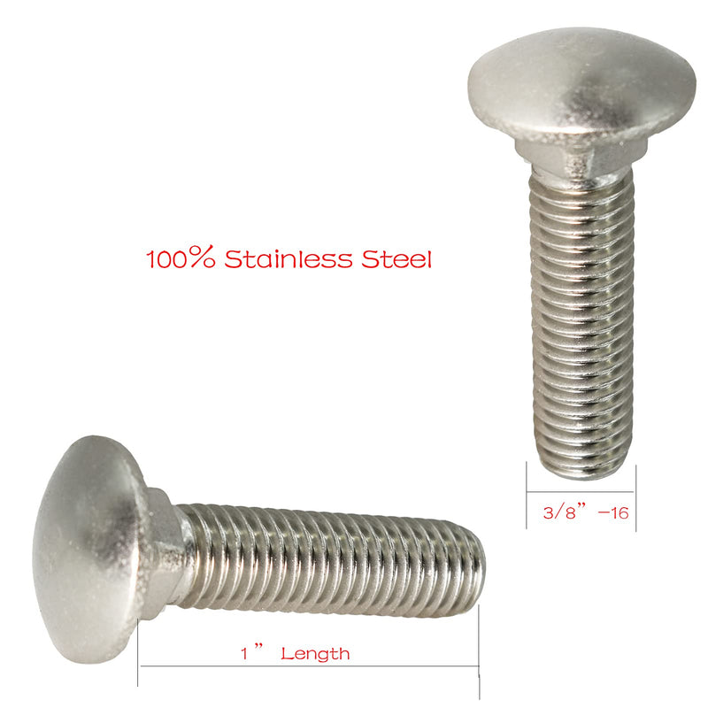 3/8"-16 X 1(25pc) Stainless Carriage Bolt, 18-8 Stainless Steel Full Thread Coverage,Carriage Bolt,by SANTIE 3/8"-16 X 1"(25pc)