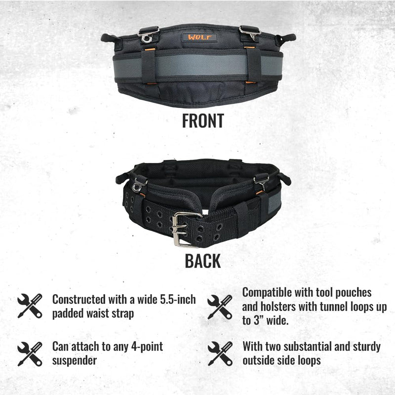 WOLF WTH2110 Heavy-Duty Ballistic Padded Tool Work Belt | Compatible w/Pouches, Holsters & 4-Point Suspenders | Body Waist Comfort Lightweight Breathable | Contractors Handyman | Tongue Buckle Medium