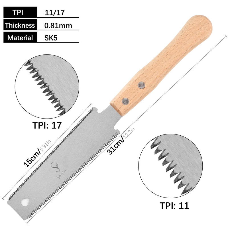 Japanese Hand Saw Woodworking Tools, SS SHOVAN Double Edged 11/17 TPI Flush Cut Saw, Wooden Handle Pull Saw Small Handsaw for Fine Cutting Wood