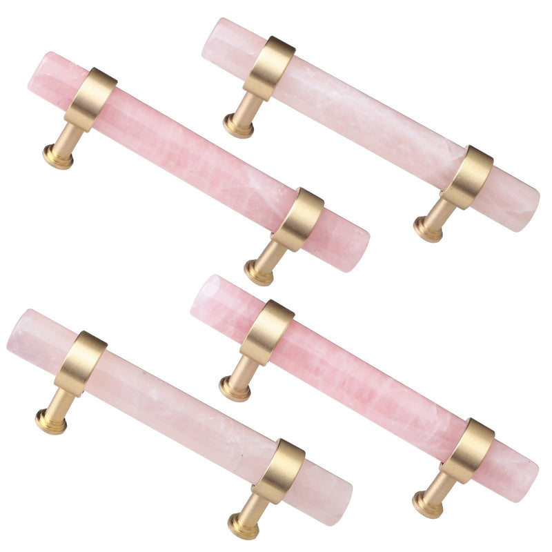 mookaitedecor 2 Pcs Brushed Brass with Rose Quartz Crystal Drawer Knobs Pink