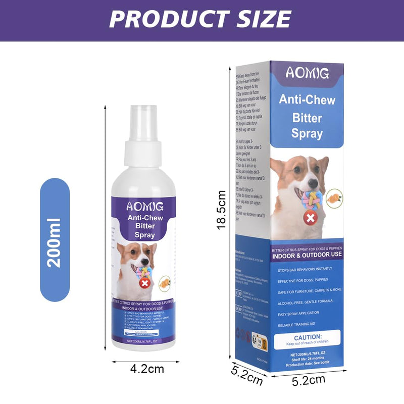 AOMIG Bitter Apple Spray for Dogs to Stop Chewing Licking, No Chew Spray for Dogs, Alcohol-Free Dog Deterrent Sprays to Anti-Chew Furniture Shoes, Indoor & Outdoor Safe Effective Training Aid, 200ml Anti-Chewing Bitter Spray